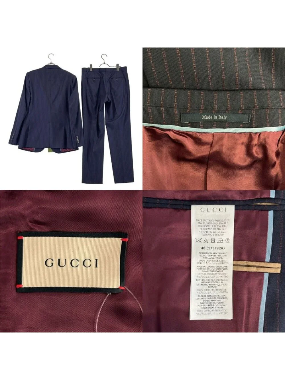 Gucci Set Wool Logo Striped Tailored Jacket Trousers 48 Navy